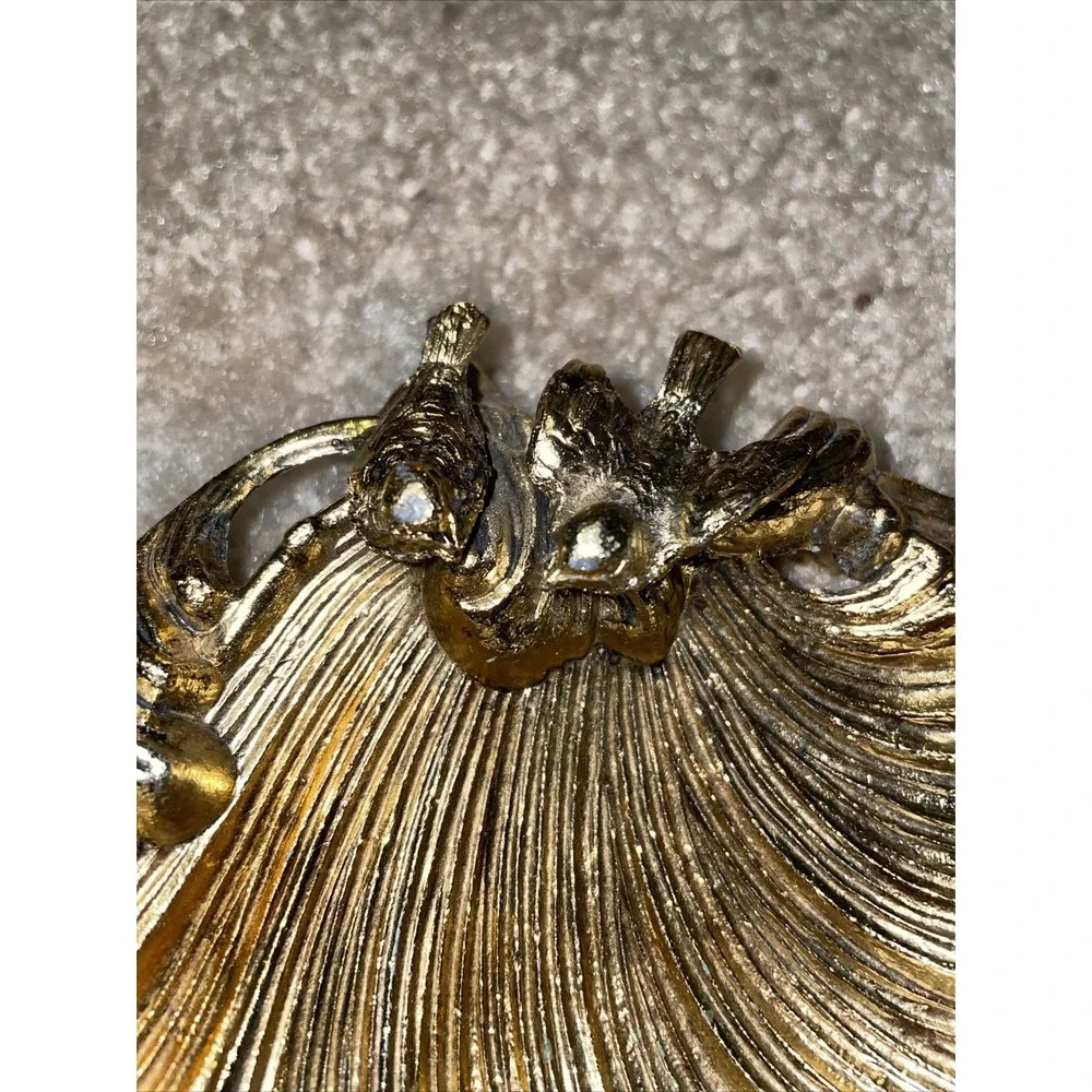 Vintage Gold Tone Shell Trinket Dish with Birds Scalloped Jewelry Catchall 4.5